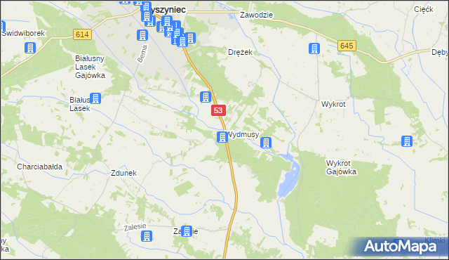 mapa Wydmusy, Wydmusy na mapie Targeo