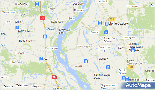 mapa Wysoczyn gmina Sobienie-Jeziory, Wysoczyn gmina Sobienie-Jeziory na mapie Targeo