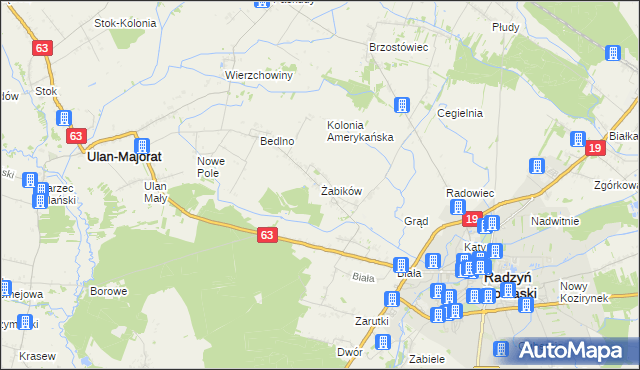 mapa Żabików gmina Radzyń Podlaski, Żabików gmina Radzyń Podlaski na mapie Targeo