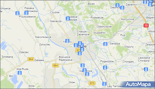 mapa Żabno powiat tarnowski, Żabno powiat tarnowski na mapie Targeo
