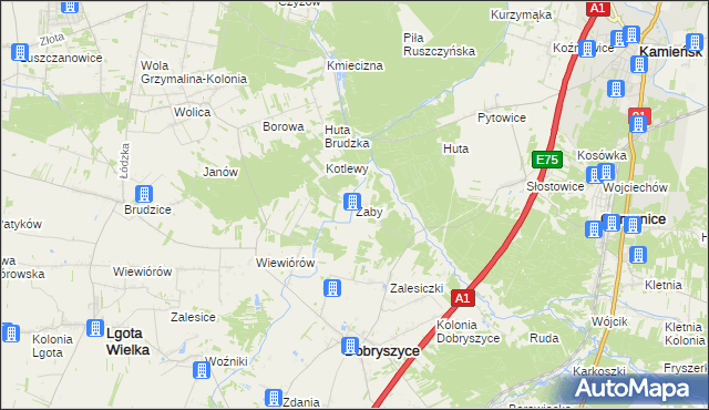 mapa Żaby gmina Dobryszyce, Żaby gmina Dobryszyce na mapie Targeo