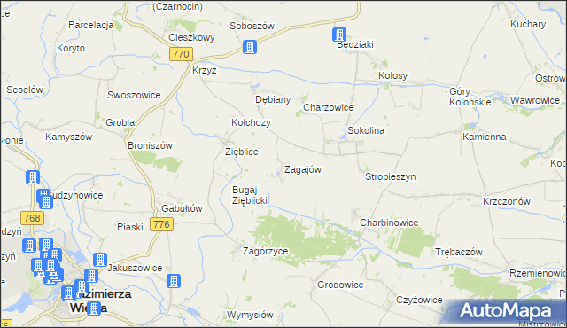 mapa Zagajów gmina Czarnocin, Zagajów gmina Czarnocin na mapie Targeo