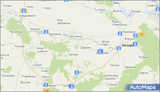 mapa Zagajów gmina Michałów, Zagajów gmina Michałów na mapie Targeo