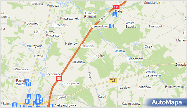 mapa Zagórze gmina Rawa Mazowiecka, Zagórze gmina Rawa Mazowiecka na mapie Targeo