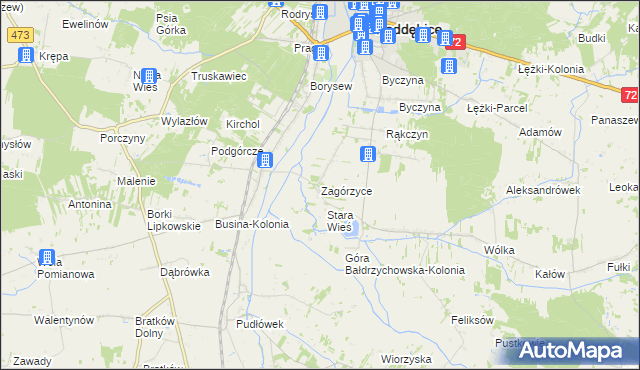 mapa Zagórzyce gmina Poddębice, Zagórzyce gmina Poddębice na mapie Targeo