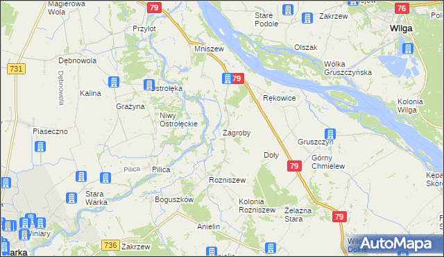 mapa Zagroby gmina Magnuszew, Zagroby gmina Magnuszew na mapie Targeo