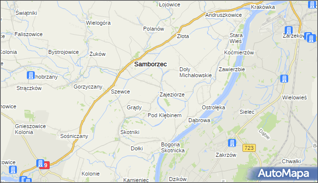 mapa Zajeziorze gmina Samborzec, Zajeziorze gmina Samborzec na mapie Targeo
