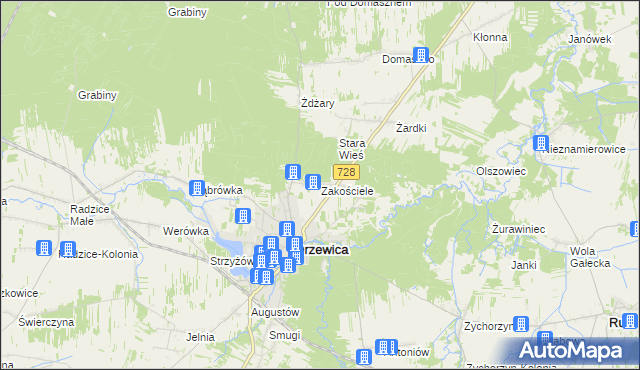 mapa Zakościele gmina Drzewica, Zakościele gmina Drzewica na mapie Targeo