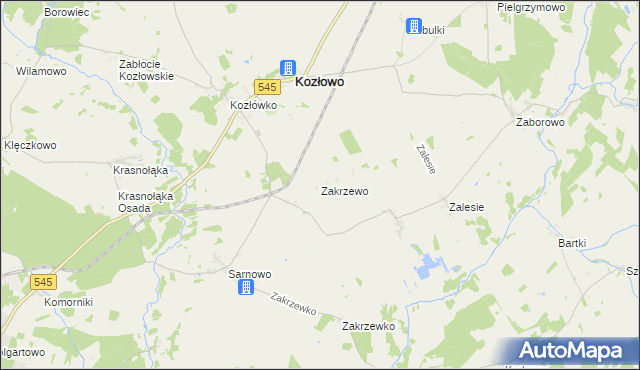 mapa Zakrzewo gmina Kozłowo, Zakrzewo gmina Kozłowo na mapie Targeo