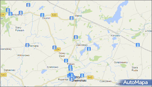 mapa Zakrzewo gmina Radzyń Chełmiński, Zakrzewo gmina Radzyń Chełmiński na mapie Targeo
