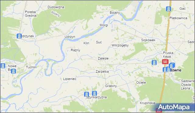 mapa Zalesie gmina Sadowne, Zalesie gmina Sadowne na mapie Targeo