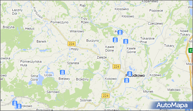 mapa Załęże gmina Przodkowo, Załęże gmina Przodkowo na mapie Targeo