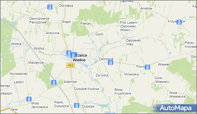 mapa Zamoście gmina Strzelce Wielkie, Zamoście gmina Strzelce Wielkie na mapie Targeo