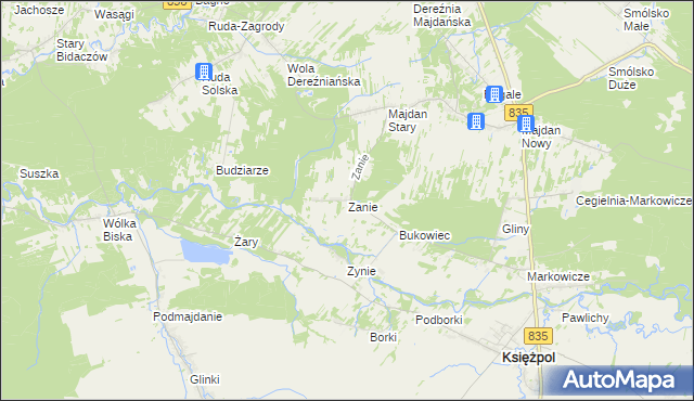 mapa Zanie gmina Księżpol, Zanie gmina Księżpol na mapie Targeo