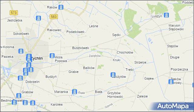 mapa Zarębów gmina Żychlin, Zarębów gmina Żychlin na mapie Targeo