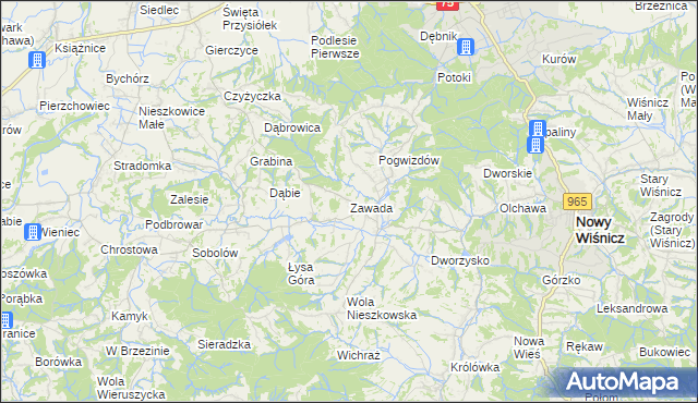 mapa Zawada gmina Bochnia, Zawada gmina Bochnia na mapie Targeo