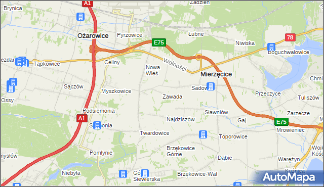 mapa Zawada gmina Mierzęcice, Zawada gmina Mierzęcice na mapie Targeo