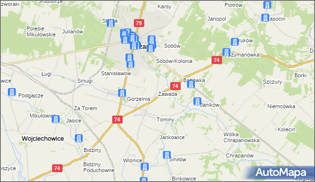 mapa Zawada gmina Ożarów, Zawada gmina Ożarów na mapie Targeo