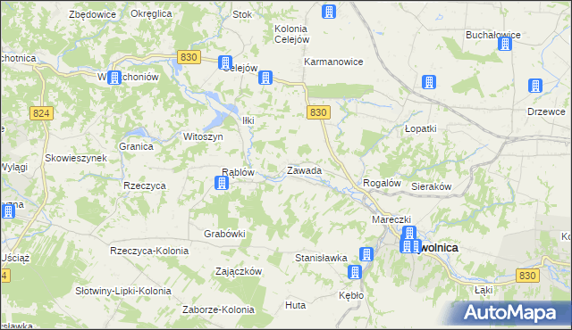 mapa Zawada gmina Wąwolnica, Zawada gmina Wąwolnica na mapie Targeo