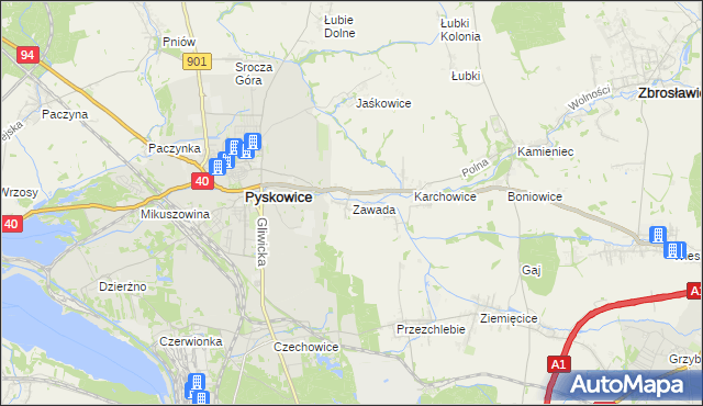 mapa Zawada gmina Zbrosławice, Zawada gmina Zbrosławice na mapie Targeo