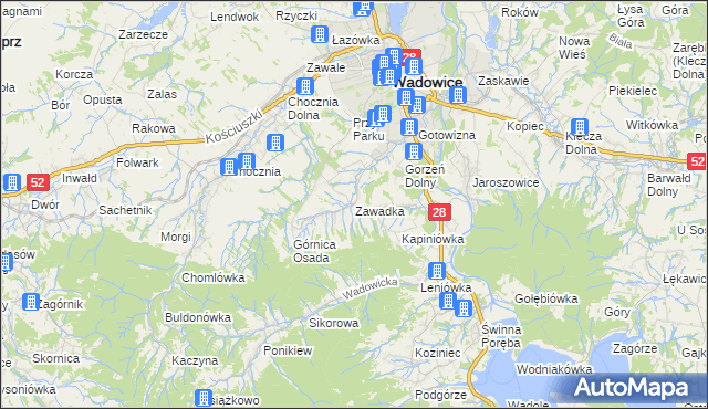 mapa Zawadka gmina Wadowice, Zawadka gmina Wadowice na mapie Targeo
