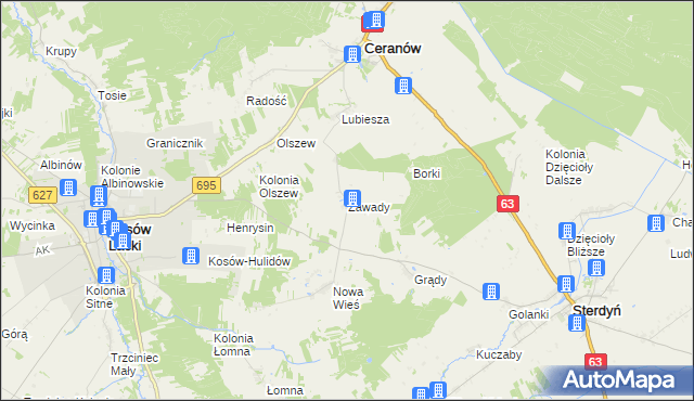 mapa Zawady gmina Ceranów, Zawady gmina Ceranów na mapie Targeo