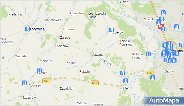 mapa Zawady gmina Liw, Zawady gmina Liw na mapie Targeo
