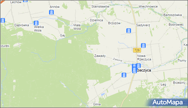 mapa Zawady gmina Rzeczyca, Zawady gmina Rzeczyca na mapie Targeo