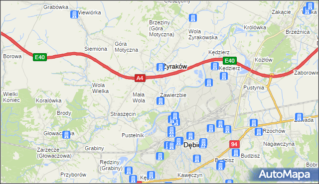 mapa Zawierzbie gmina Żyraków, Zawierzbie gmina Żyraków na mapie Targeo