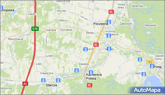 mapa Zawisna gmina Kamienica Polska, Zawisna gmina Kamienica Polska na mapie Targeo