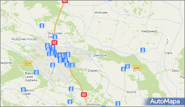 mapa Zawodzie gmina Myszyniec, Zawodzie gmina Myszyniec na mapie Targeo