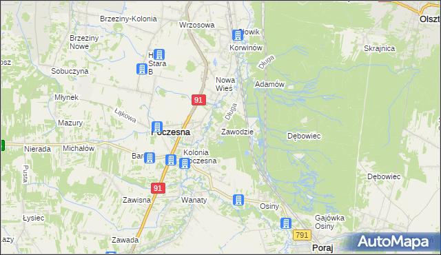 mapa Zawodzie gmina Poczesna, Zawodzie gmina Poczesna na mapie Targeo