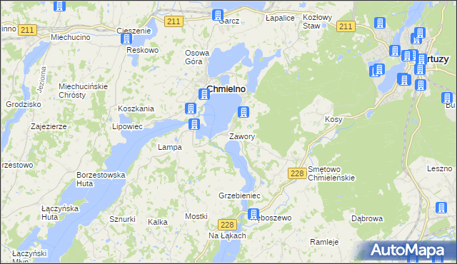 mapa Zawory gmina Chmielno, Zawory gmina Chmielno na mapie Targeo