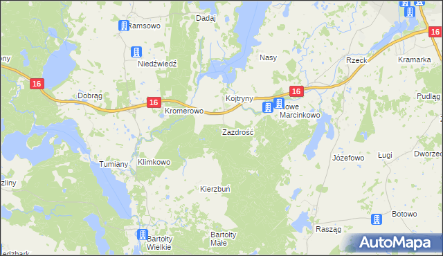 mapa Zazdrość gmina Biskupiec, Zazdrość gmina Biskupiec na mapie Targeo