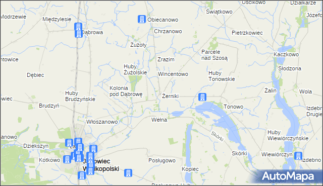 mapa Żerniki gmina Janowiec Wielkopolski, Żerniki gmina Janowiec Wielkopolski na mapie Targeo