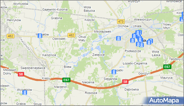 mapa Zielęcice gmina Łask, Zielęcice gmina Łask na mapie Targeo