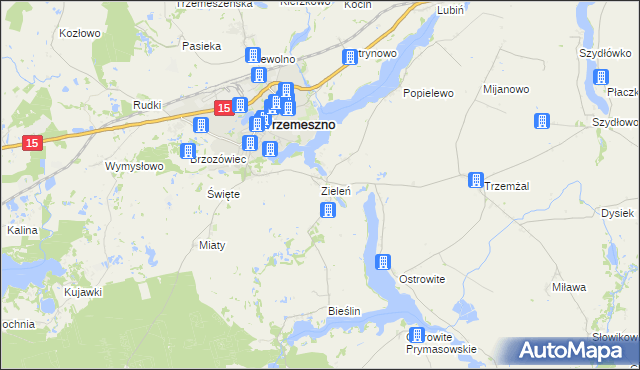 mapa Zieleń gmina Trzemeszno, Zieleń gmina Trzemeszno na mapie Targeo