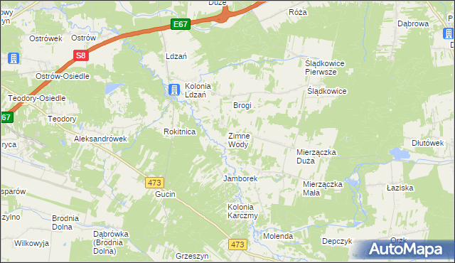 mapa Zimne Wody gmina Dobroń, Zimne Wody gmina Dobroń na mapie Targeo