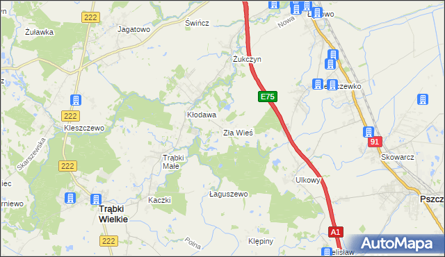 mapa Zła Wieś gmina Trąbki Wielkie, Zła Wieś gmina Trąbki Wielkie na mapie Targeo