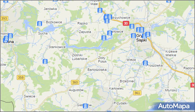 mapa Złoty Potok gmina Leśna, Złoty Potok gmina Leśna na mapie Targeo