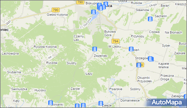 mapa Złożeniec, Złożeniec na mapie Targeo