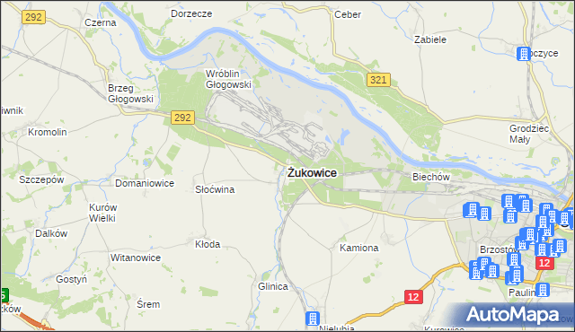 mapa Żukowice powiat głogowski, Żukowice powiat głogowski na mapie Targeo