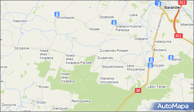 mapa Żurawiniec gmina Baranów, Żurawiniec gmina Baranów na mapie Targeo