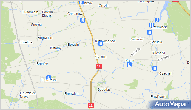 mapa Żychlin gmina Gołuchów, Żychlin gmina Gołuchów na mapie Targeo