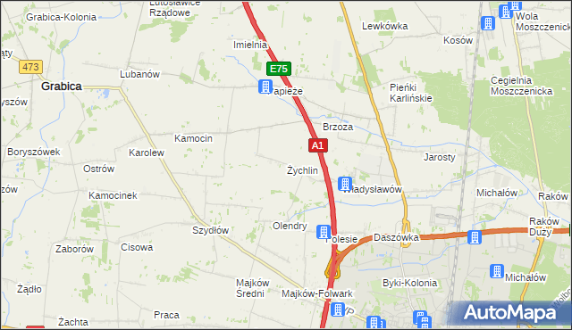 mapa Żychlin gmina Grabica, Żychlin gmina Grabica na mapie Targeo