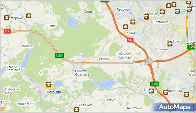 mapa Bąkowo gmina Kolbudy, Bąkowo gmina Kolbudy na mapie Targeo