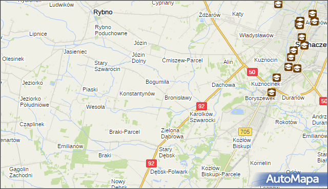 mapa Bronisławy gmina Rybno, Bronisławy gmina Rybno na mapie Targeo