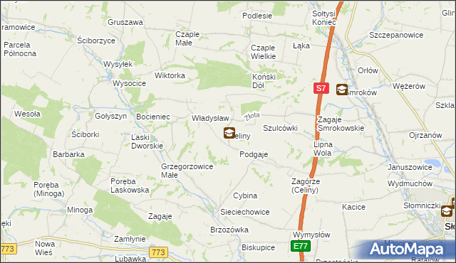 mapa Celiny gmina Iwanowice, Celiny gmina Iwanowice na mapie Targeo