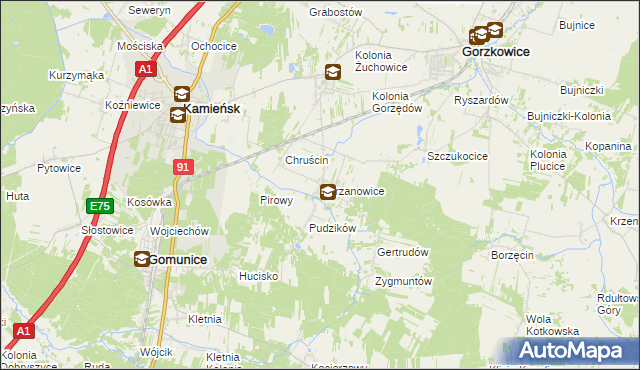 mapa Chrzanowice gmina Gomunice, Chrzanowice gmina Gomunice na mapie Targeo