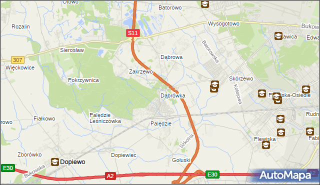 mapa Dąbrówka gmina Dopiewo, Dąbrówka gmina Dopiewo na mapie Targeo